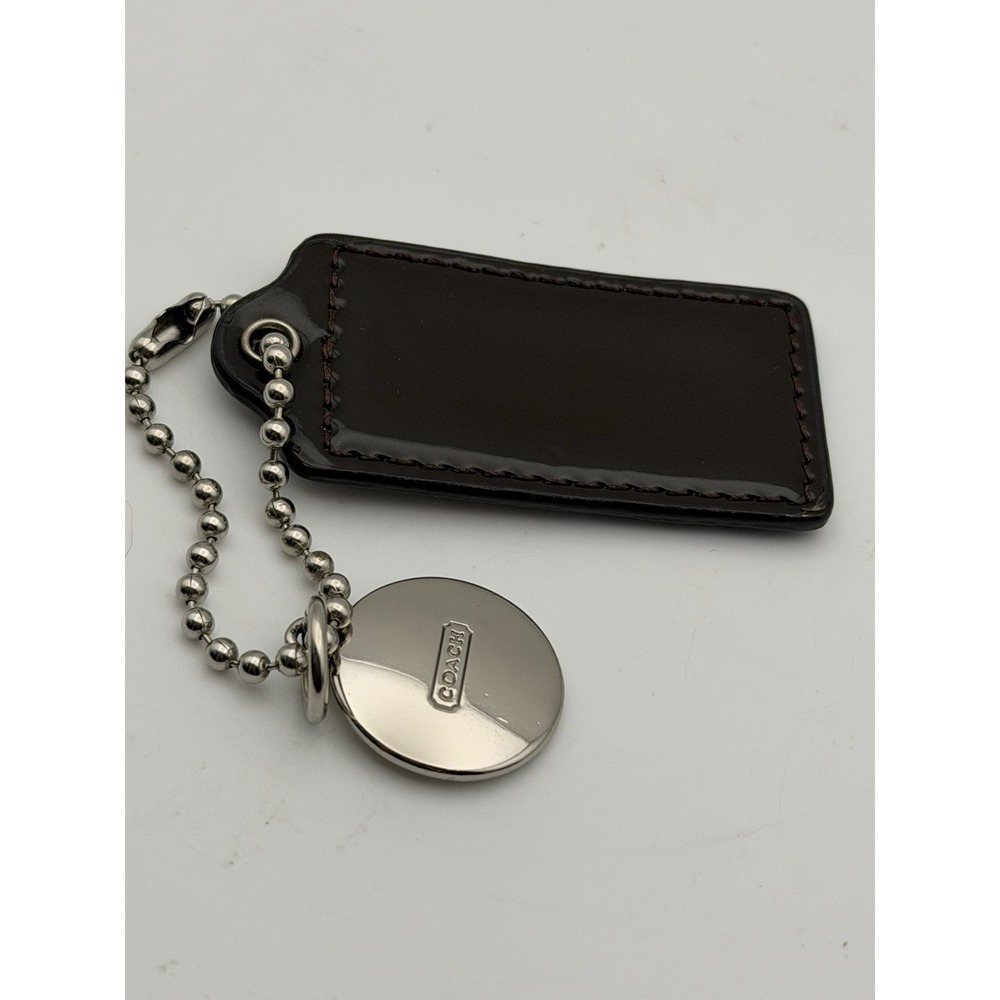 Coach Hang Tag Set Dark Brown Silver Leather Metal Bag Charm Keychain Medium 2" - Picture 4 of 8